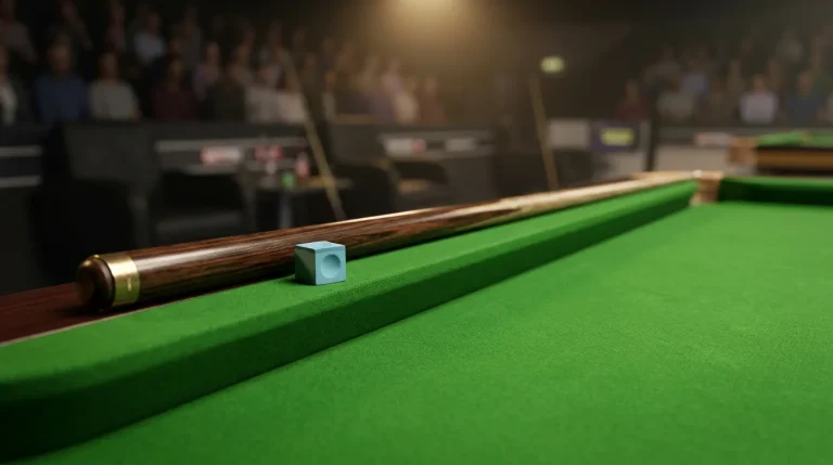 Snooker cue and chalk resting on the edge of a tournament table under warm spotlight