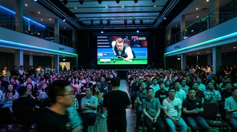 Packed audience watching a professional snooker match broadcast on a large screen in a Chinese sports venue