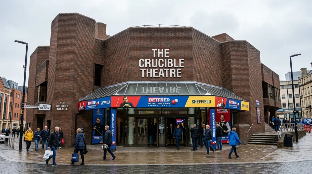 Crucible Theatre in Sheffield set up for the World Snooker Championship with single-table layout
