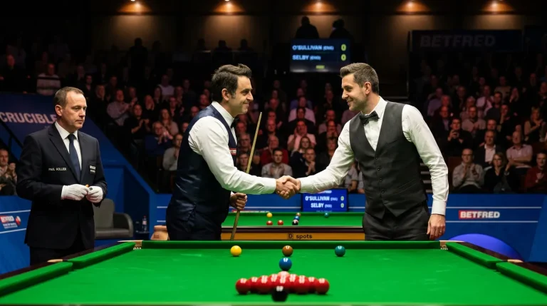Two snooker players shaking hands across the table before a professional match