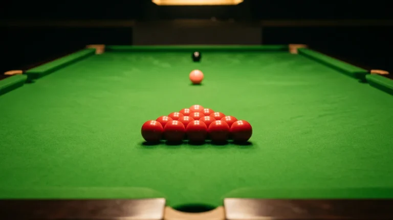 Snooker table at the Crucible Theatre with baize and balls set for a frame