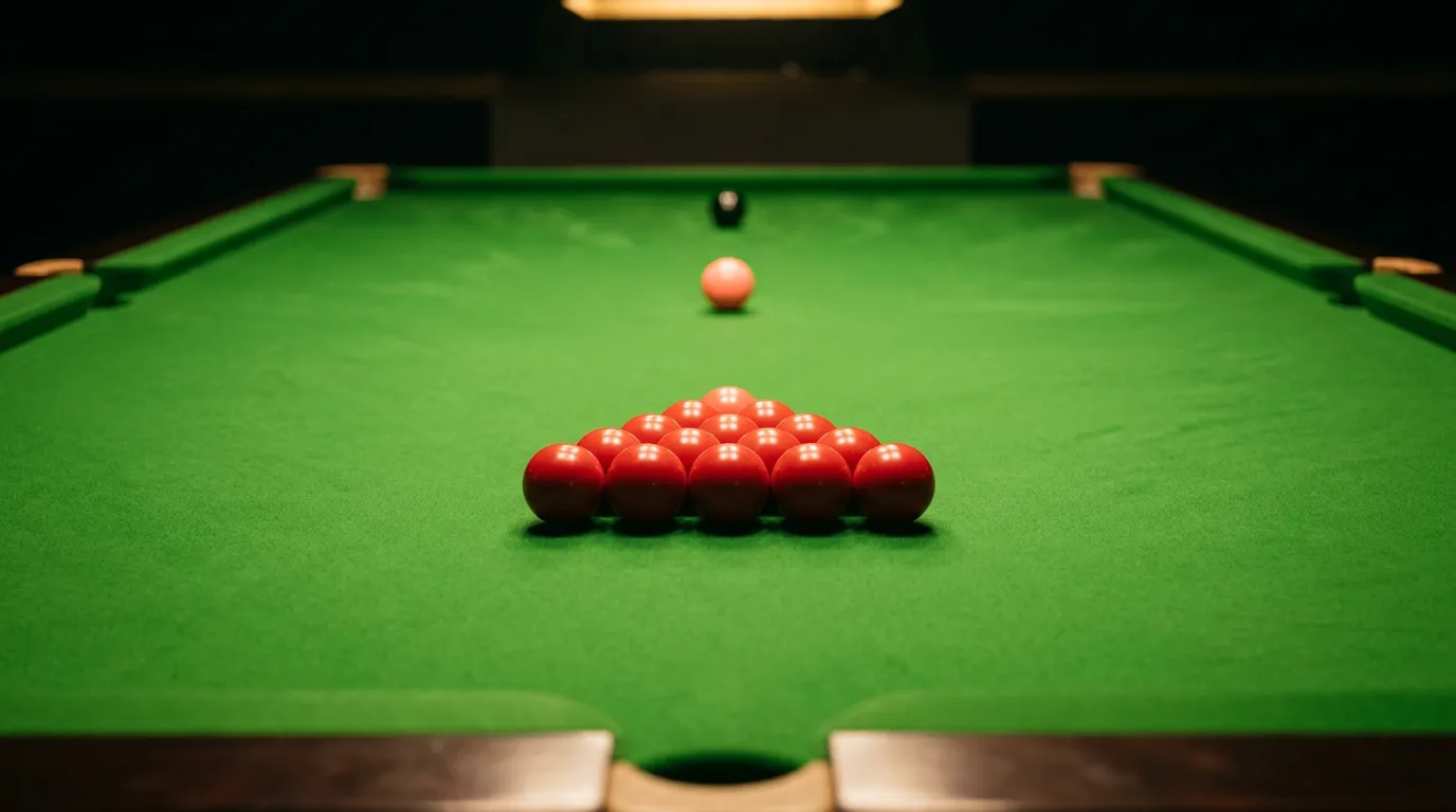 Snooker table at the Crucible Theatre with baize and balls set for a frame