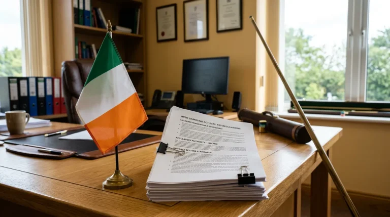 Irish tricolour flag beside official regulatory documents on a desk with a snooker cue in the background