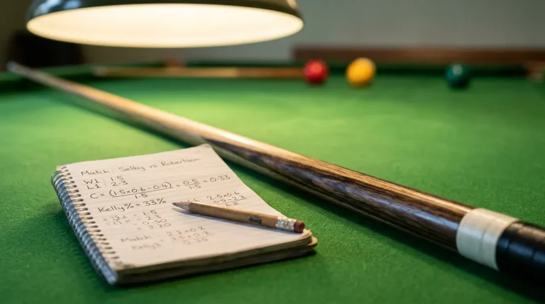 Snooker cue resting on green baize beside a notebook with staking calculations