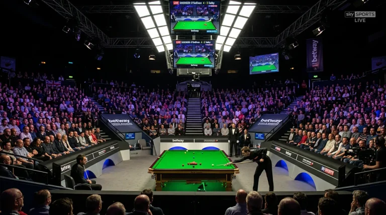 Snooker match in progress under bright arena lights with a packed audience watching
