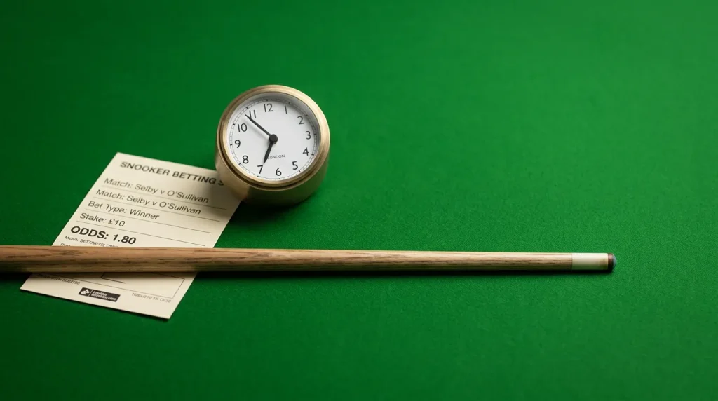 Snooker cue resting on green baize table beside a betting slip and a clock symbolising session limits