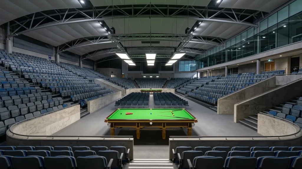 Professional snooker table set up in a modern arena venue for the Saudi Arabia Snooker Masters tournament