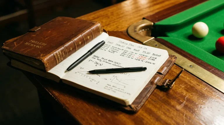 Notebook and pen beside a snooker table with staking calculations for a full betting season