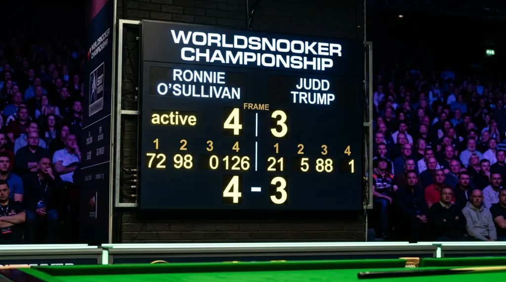 Close-up of a snooker scoreboard during a live match showing frame scores