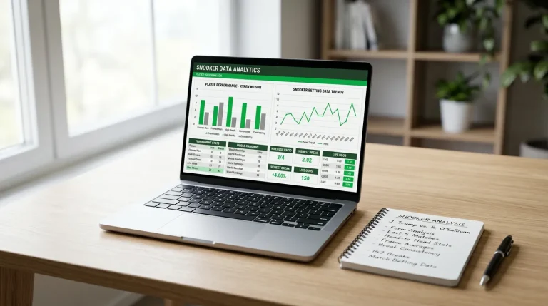 Laptop screen showing snooker player statistics and performance charts on a desk beside a notepad