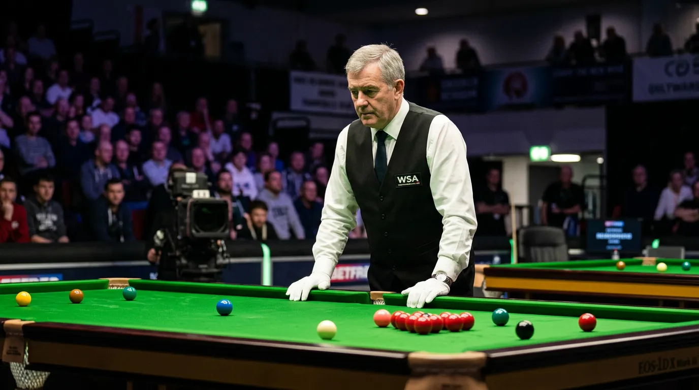 Professional snooker referee watching a frame from the head of the table