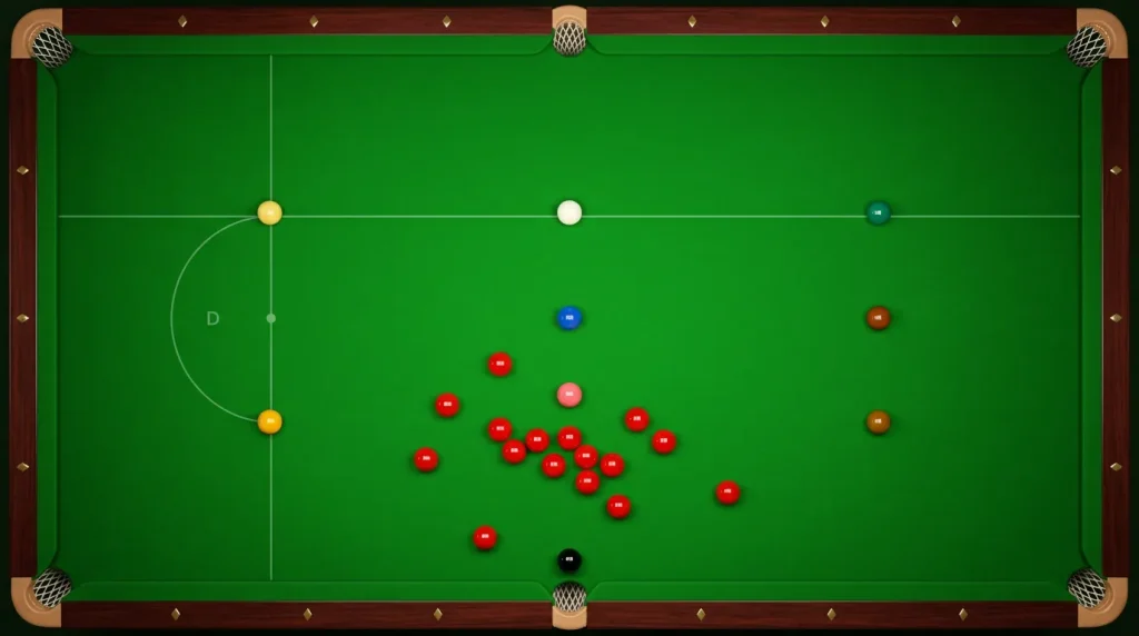 Overhead view of a snooker table mid-frame with red and colour balls spread across green baize