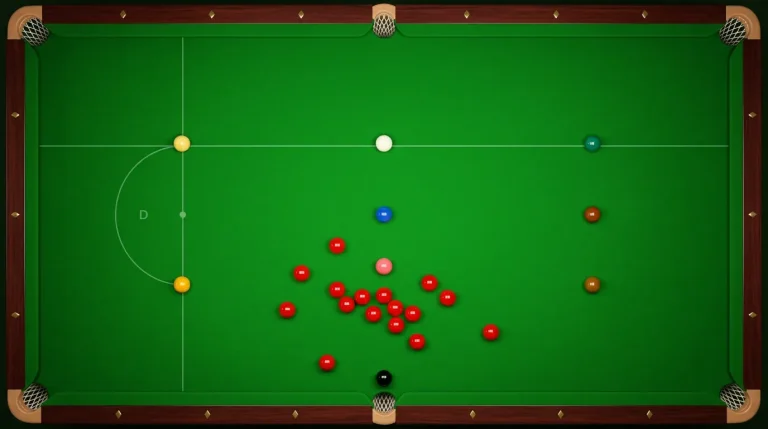 Overhead view of a snooker table mid-frame with red and colour balls spread across green baize