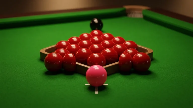 Close-up of a snooker table with coloured balls racked and ready for a tournament frame
