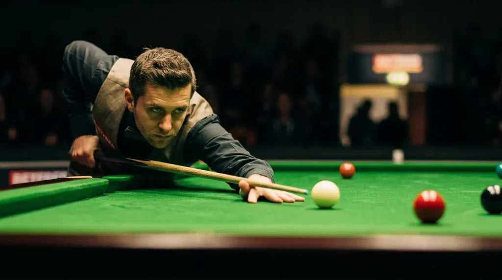 Snooker player analysing the table before a strategic shot during a ranking event