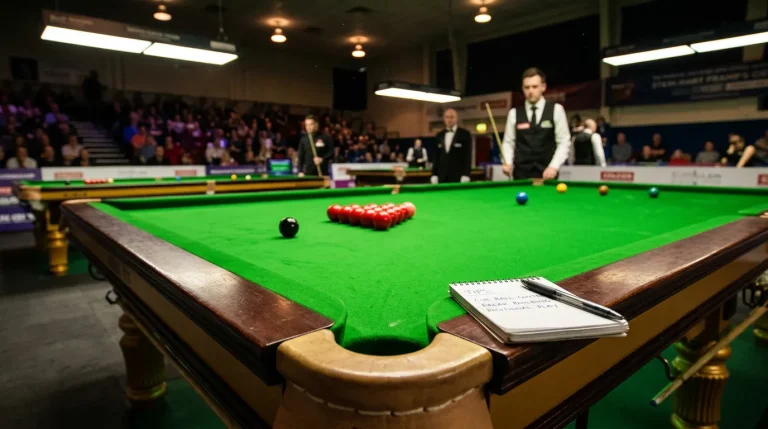 Snooker match in progress viewed from behind the baize with a notepad of betting selections beside the table