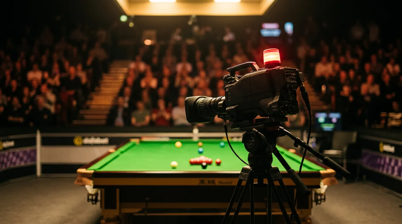 Television camera focused on a snooker table during a live broadcast