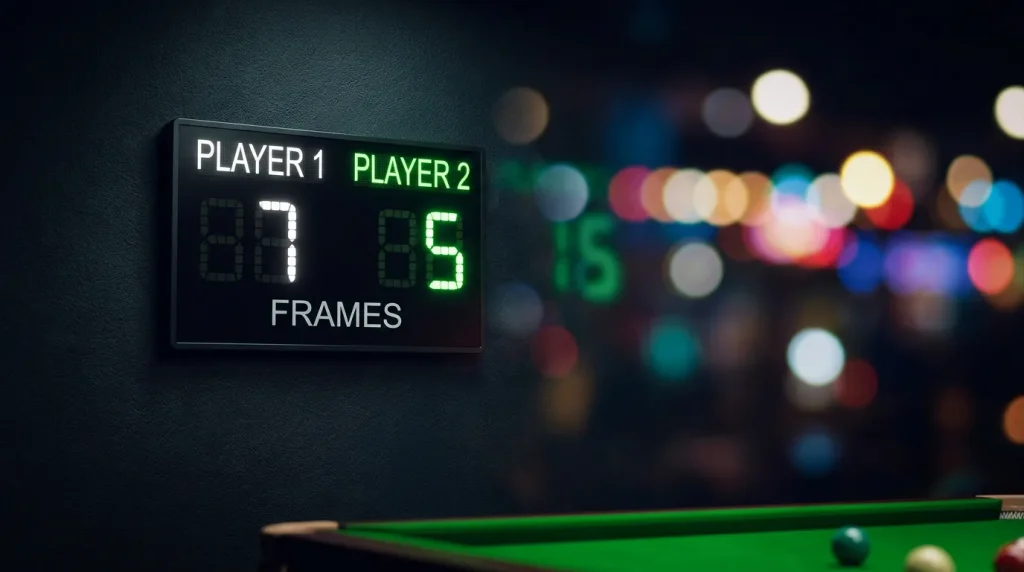 Snooker scoreboard showing frame scores during a professional match in a dimly lit arena