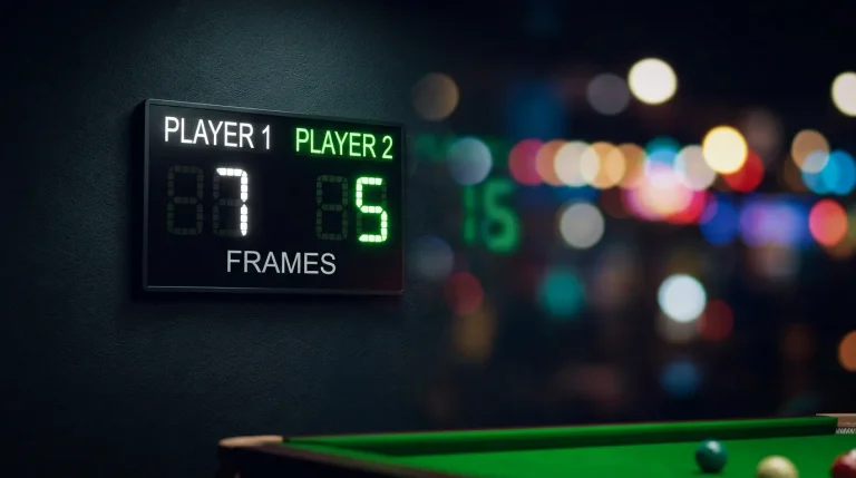Snooker scoreboard showing frame scores during a professional match in a dimly lit arena