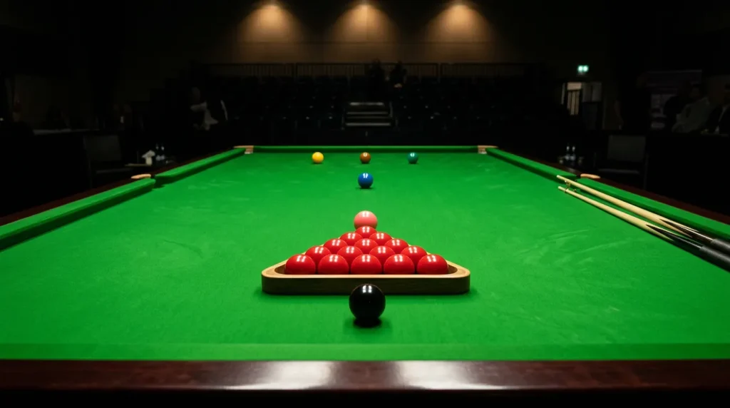 Snooker table with all fifteen reds and colours set up for a maximum 147 break attempt