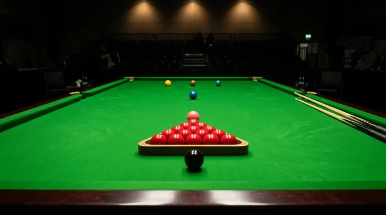Snooker table with all fifteen reds and colours set up for a maximum 147 break attempt