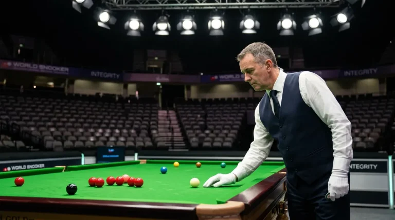 Snooker referee observing a professional match from beside the table under arena lighting