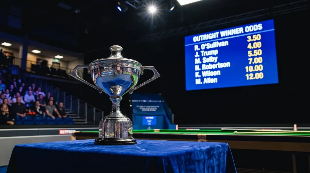 Snooker tournament trophy on display with ante-post outright betting odds listed on a nearby screen