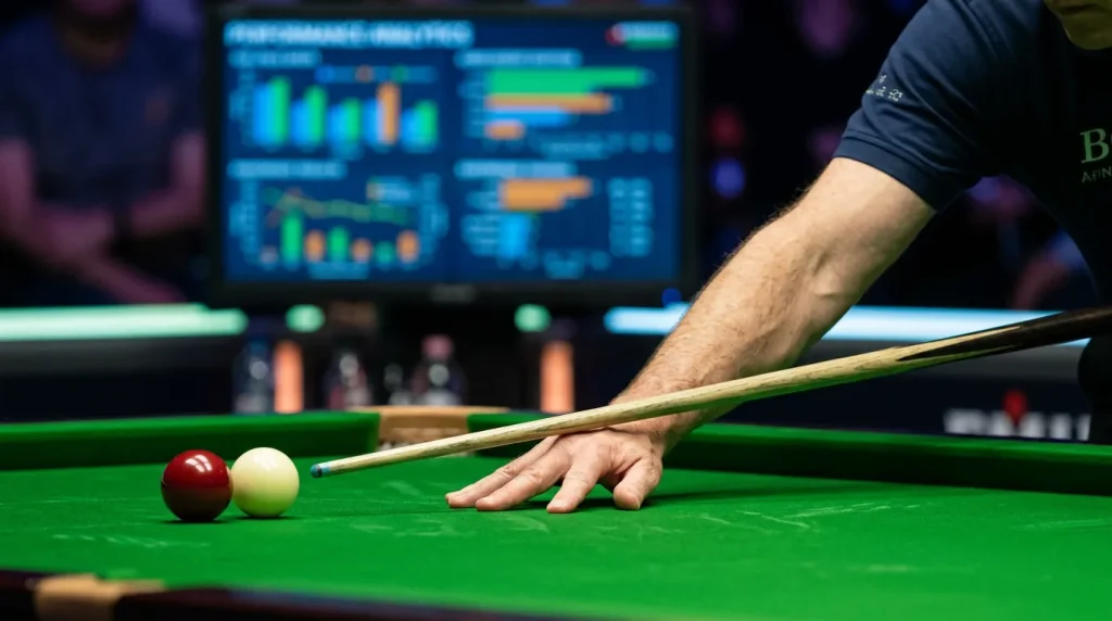 Close-up of a snooker player lining up a long pot with performance statistics overlaid on a nearby monitor