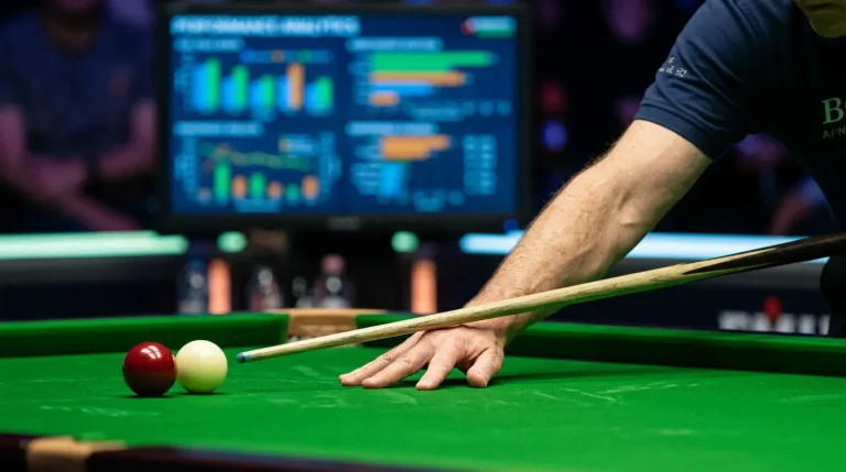 Close-up of a snooker player lining up a long pot with performance statistics overlaid on a nearby monitor