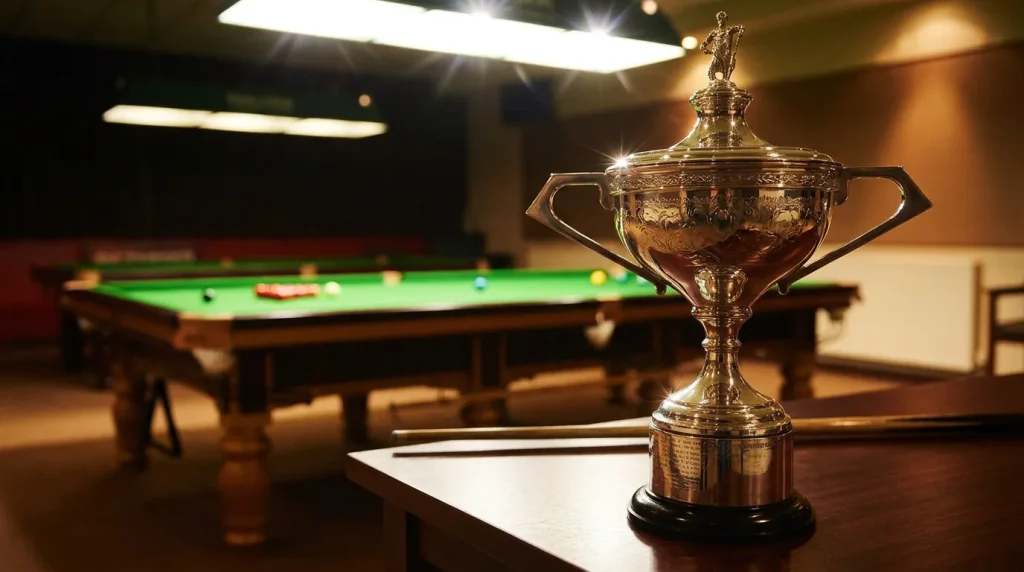 Snooker tournament trophy displayed next to a green baize table under bright arena lights