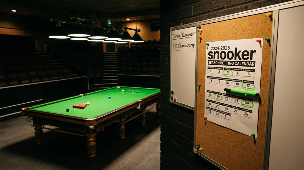Professional snooker table under tournament lights with a printed season schedule pinned to a noticeboard nearby