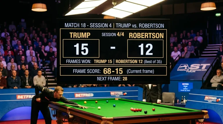 Scoreboard showing a best-of-35 snooker match in progress at a professional tournament venue