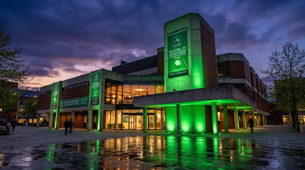 Crucible Theatre exterior in Sheffield with World Snooker Championship signage and green lighting