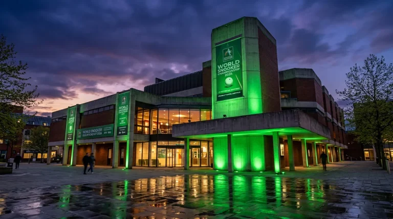 Crucible Theatre exterior in Sheffield with World Snooker Championship signage and green lighting