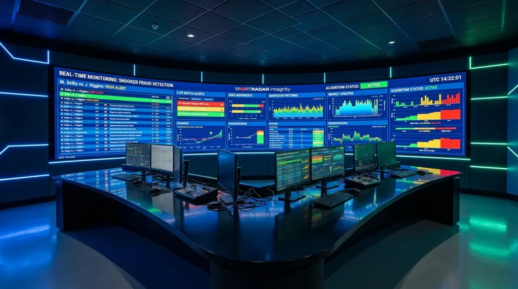 Digital monitoring screen displaying real-time data feeds and alert indicators in a control room