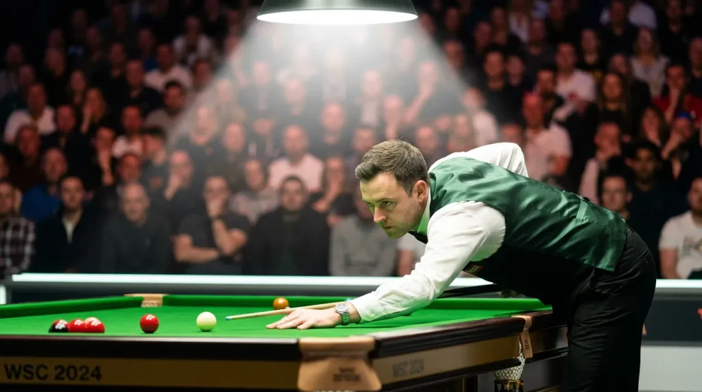 Professional snooker player lining up a shot at a major tournament arena with spotlights