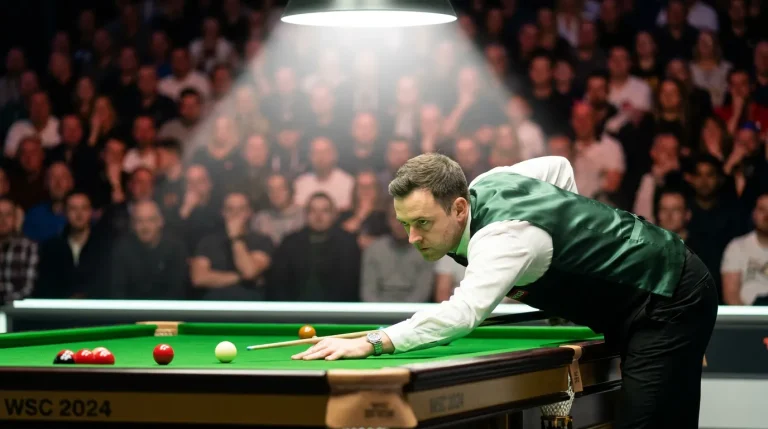 Professional snooker player lining up a shot at a major tournament arena with spotlights