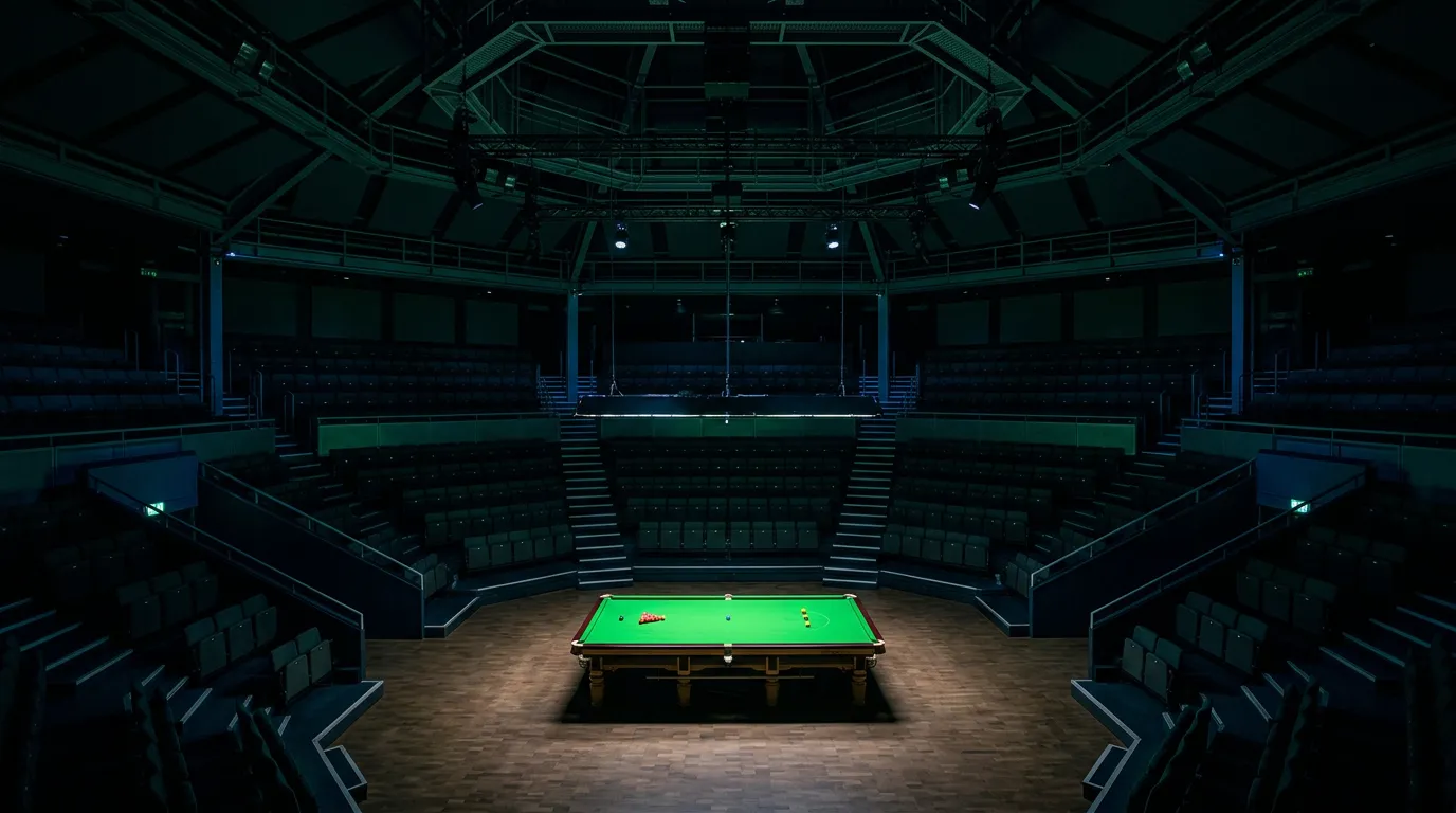 Interior view of the Crucible Theatre in Sheffield set up for a World Snooker Championship match